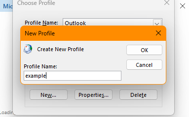 A screenshot displaying the New Profile popup, with "example" entered as the Profile Name