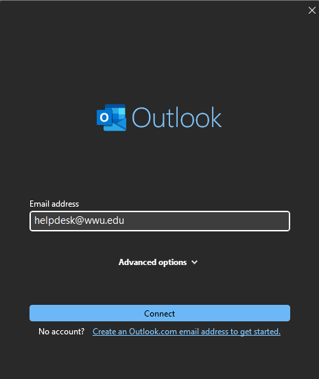 A screenshot of Outlook's sign in window with a shared mailbox address entered in the Email address field. The blue button at the bottom reads Connect.