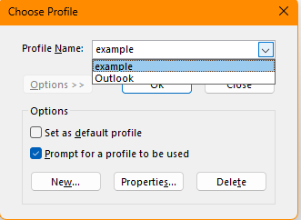 Screenshot of the Choose Profile window, with the example profile selected. Importantly, the "prompt for a profile to be used" box is checked.