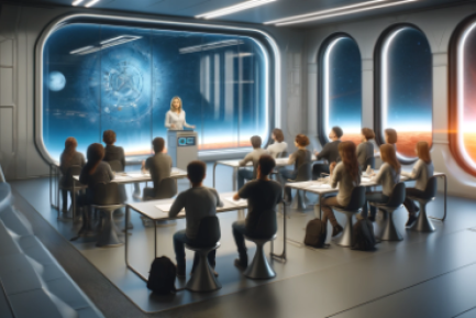 Futuristic classroom with instructor and students - generated by Dall-E