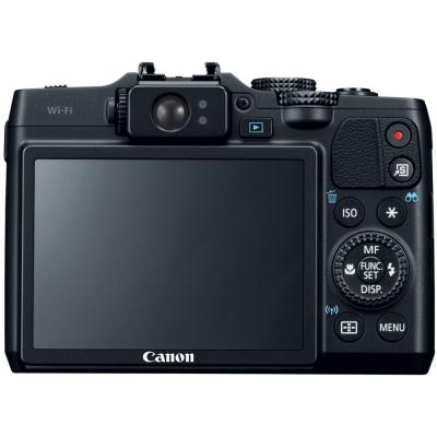Back view of Canon Powershot G16 has a menu screen and view finder.