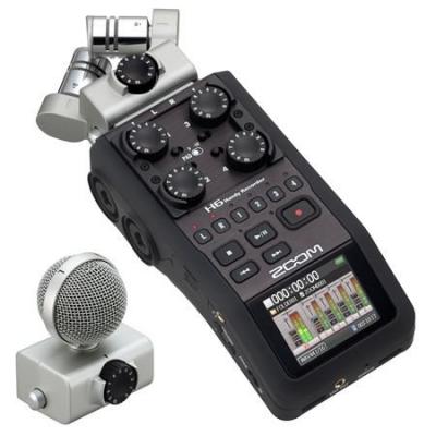 Front view of Zoom H6 shows that the microphones at the top are removable and replaceable.