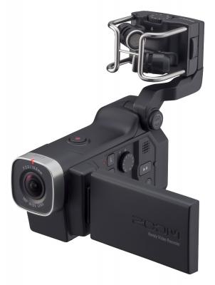 Front view of the zoom q8 shows the detachable microphone sits on top of the camera. 