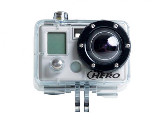 View of the front of the GoPro Hero shows lens on left side of camera with record button located just below that.