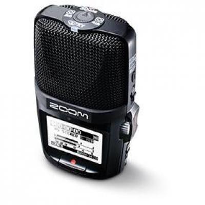 view of zoom h2n recorder shows body of recorder including microphone and menu screen.