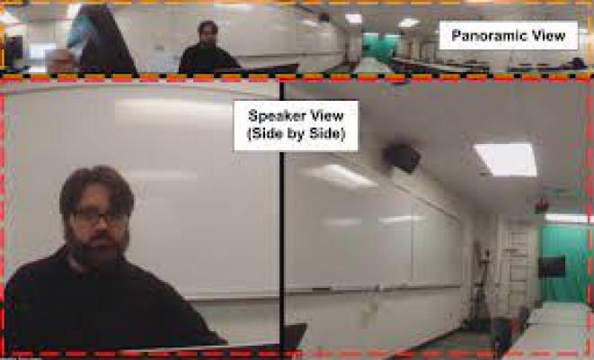 Images shows the view of the camera including the 360° camera and the fixed view of the speaker.
