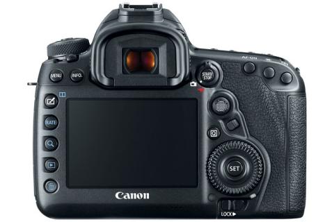 Back view of Canon EOS 5D with a menu screen and view finder